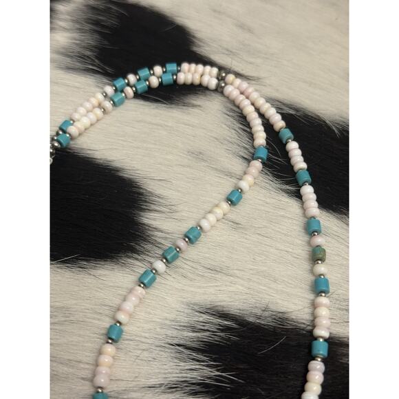 Native American Sterling Silver Navajo Pearl Pink Conch & Turquoise Necklace - Picture 9 of 9